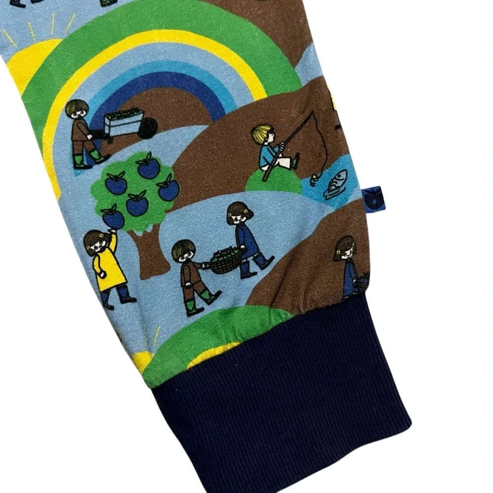 Smafolk 7-8Y Organic Blue Landscape Pants Sunshine Apples Rainbows Fishing